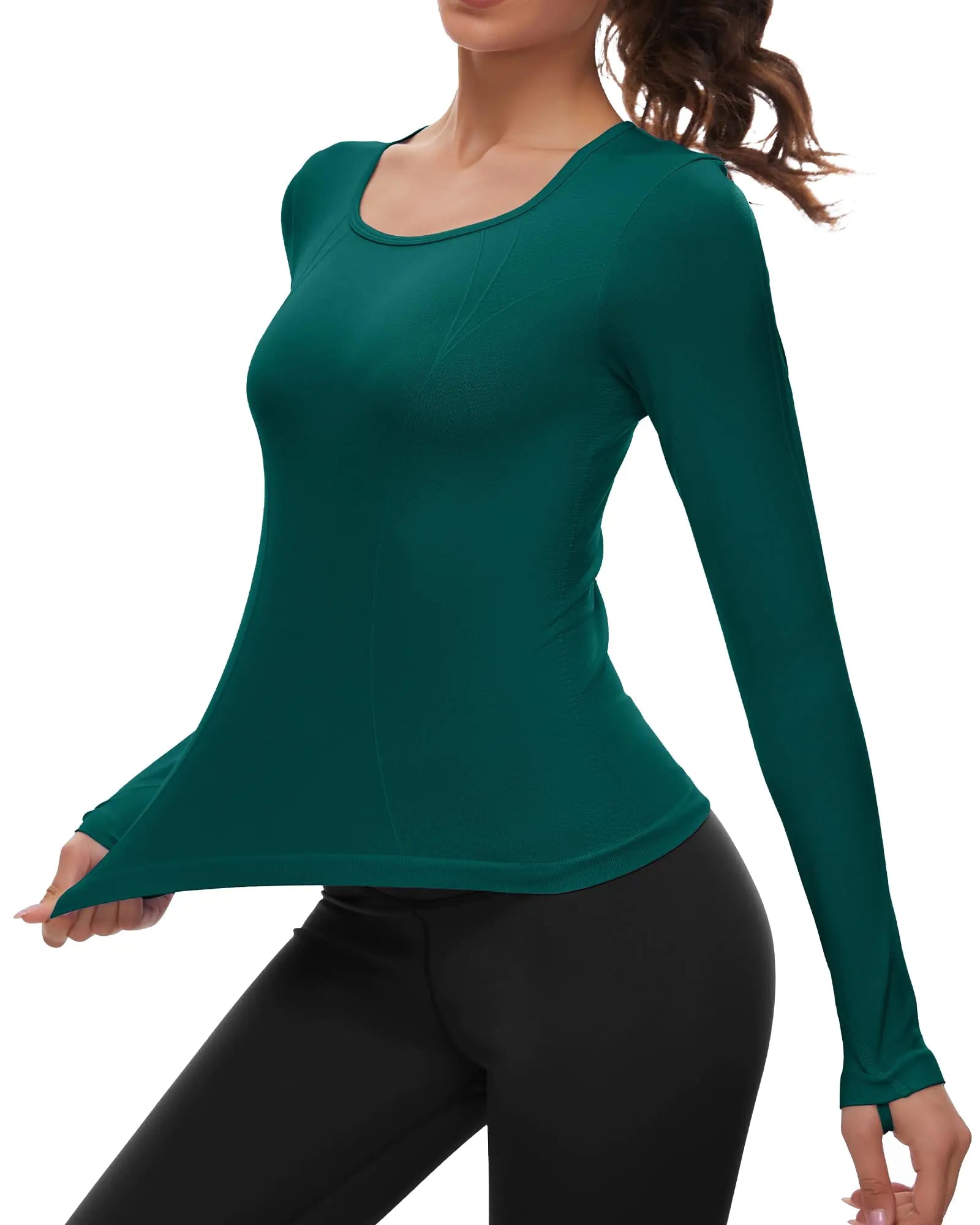 Long Sleeve Workout Shirts for Women Seamless Square Neck Athletic Tops Slim Fitted
